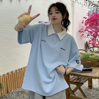 Classy .girl～เสื้อยืดแขนสั้น  เย็บปักถักร้อยรุ่นความยาวปานกลางเสื้อยืดมีปก   เวอร์ชั่นเกาหลีเก๋เสื้อยืดแขนสั้น#DZ00365