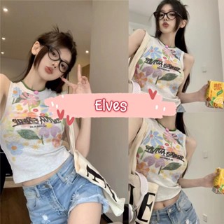 Elves✨พร้อมส่ง✨ เสื้อกล้ามไหมพรมคอกลม ทรงครอปสั้น  ลายเสื้อสกีนดอกไม้พาสเทล ~1A23-6~ -C