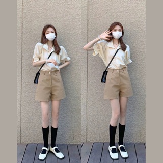 ชุดสูทแฟชั่นสไตล์เกาหลี【ชุด 2 ชิ้น】✨เสื้อฝรั่งเศส+กางเกงขาสั้นสีกากี กางเกงขาสั้นขากว้าง💕S-XL