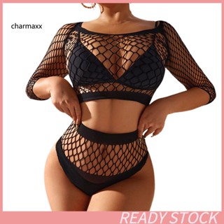 Cx ชุดเสื้อครอปท็อป คอกลม แขน 3/4 เอวสูง สีพื้น สําหรับผู้หญิง 2 ชิ้น ต่อชุด