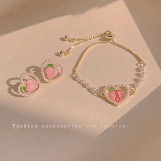 Pink peach love earrings female super fairy sweet earrings lovely girlish bracelet pearl earrings