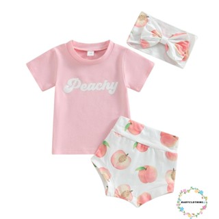 Babyclothes- ชุดเสื้อแขนสั้น กางเกงขาสั้น พิมพ์ลายตัวอักษร และโบว์ ที่คาดผม สําหรับเด็กผู้หญิง