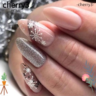 Cherry3 เล็บปลอม แบบกด ลายเกล็ดหิมะ สไตล์ฝรั่งเศส 24 ชิ้น