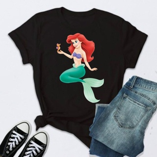 เสื้อยืดแขนสั้น【Feb】 Fashion The Little Mermaid Ariel Princess Women Clothing Black Tee Shirt Femme Casual Summer Clothe