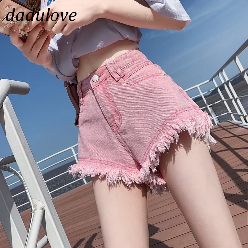 dadulove-new-korean-version-of-high-waist-denim-shorts-pink-raw-edge-wide-leg-pants-large-size-hot-pants