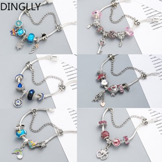 Dinglly สร้อยข้อมือ ลูกปัดสีฟ้า และสีชมพู สําหรับผู้หญิง สีเงิน สีรุ้ง และหัวใจ