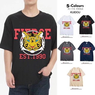 【NEW】เสื้อยืดแขนสั้น พิมพ์ลายหัวเสือ ทรงหลวม สไตล์ฮ่องกง แฟชั่นฤดูร้อน สําหรับผู้ชาย 2022