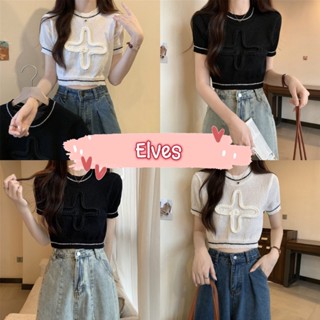 Elves✨พร้อมส่ง✨ เสื้อไหมพรมแขนสั้น ครอปสั้นน่ารักใส่สบายมาก ~78066~ -C