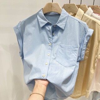 เสื้อเชิ้ตแขนสั้นลําลอง ผ้าฝ้าย ทรงหลวม สีพื้น แฟชั่นฤดูร้อน สําหรับผู้หญิง