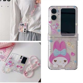 SANRIO Oppo Find N2 Flip เคสฝาพับ การ์ตูนน่ารัก ซานริโอ้ เมโลดี้ กระต่าย คุณภาพสูง พลาสติกแข็ง ใส เคสป้องกันเต็มรูปแบบ พร้อมสร้อยข้อมือคริสตัล โซ่สะพายข้างยาว