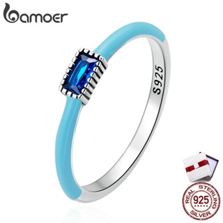 Bamoer แหวนเงิน 925 ประดับเพทาย สีฟ้า เรียบง่าย สําหรับผู้หญิง