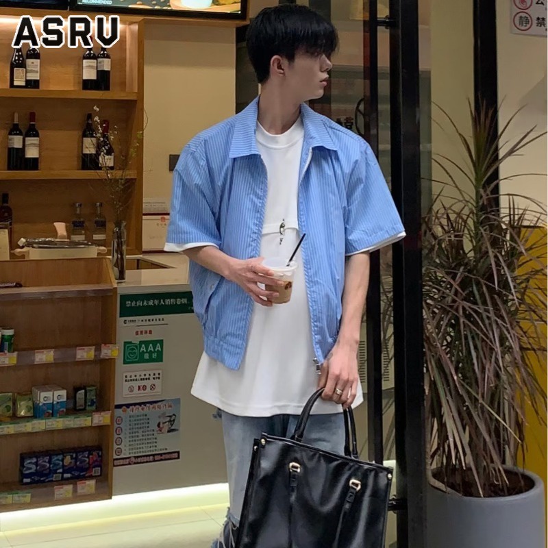 asrv-ผู้ชายแขนสั้นง่ายปลูกอารมณ์แนวโน้มเยาวชนยอดนิยมคอสี่เหลี่ยมวรรณกรรมขี้เกียจเสื้อใหม่