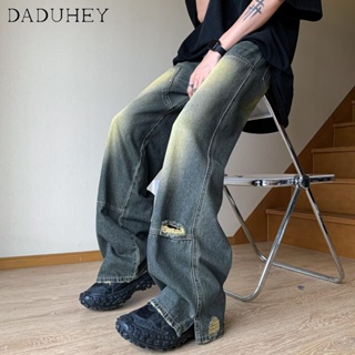 DaDuHey🔥 Mens Ins Fashionable Handsome Loose Casual Pants 2023 American-Style Retro High Street Yellow Mud-Color Frayed Ripped Jeans