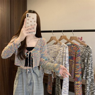 cardigan🤍เสื้อโค้ทลายทางสีรุ้ง ผ้าลูกไม้ คาร์ดิแกนถัก แขนยาว ตัดสะดือ