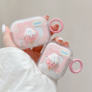 เคสหูฟังซิลิโคน แบบนิ่ม ลายไอศกรีม สีชมพู พร้อมพวงกุญแจ สําหรับ AirPods 1 2 3 Pro 2