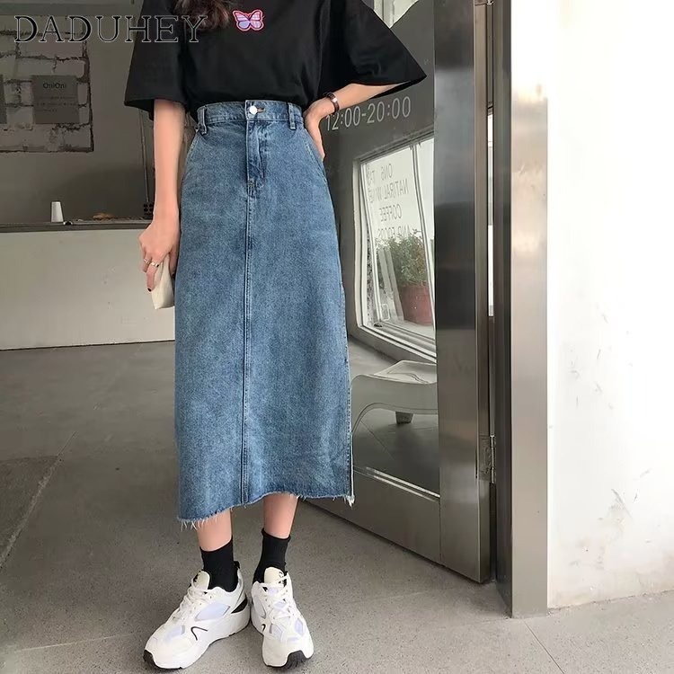 daduhey-new-korean-style-ins-retro-slit-denim-skirt-niche-high-waist-a-line-skirt-large-size-bag-hip-skirt