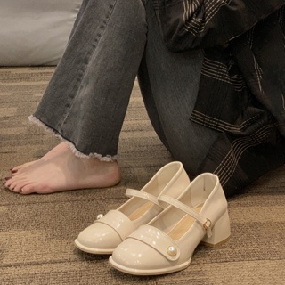รองเท้าแมรี่เจน หนังเทียม ส้นหนา กันลื่น ประดับไข่มุก ขนาดเล็ก เข้ากับทุกการแต่งกาย แฟชั่นฤดูใบไม้ผลิ สไตล์วินเทจ สําหรับผู้หญิง 2023