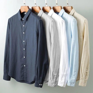 White long-sleeved linen shirt mens casual lapel loose youth Japanese breathable cotton linen shirt inch mens trend