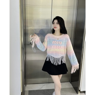 R9AG MIU MIU 2023 candy color gradient tassel burrs three-dimensional embroidery long sleeve short knit top