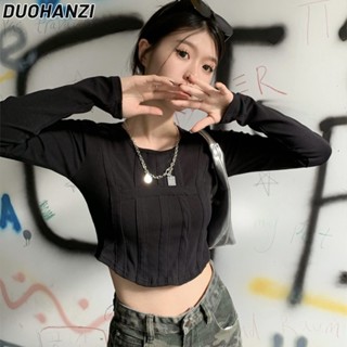 Duohanzi เสื้อยืด แขนยาว ลายก้างปลา สไตล์เกาหลี เรียบง่าย เข้ากับทุกชุด สําหรับผู้หญิง