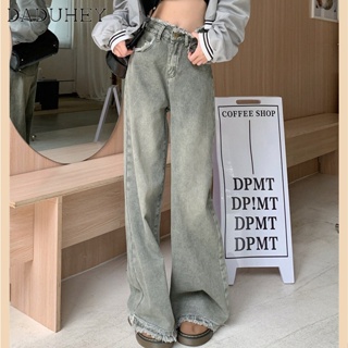 DaDuHey🎈 New Korean Style INS Retro Washed Jeans Raw Edge High Waist Women Wide-leg Pants Large Size Casual Mop Trousers