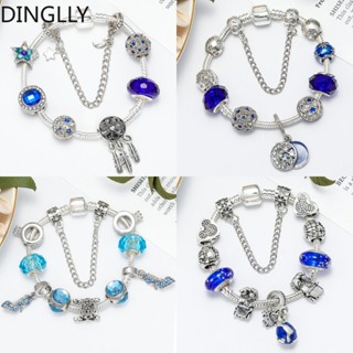 Dinglly DIY สร้อยข้อมือ จี้ลูกปัดแก้วสีฟ้า และตาข่ายดักฝัน ดาว และดวงจันทร์ สําหรับผู้หญิง สีเงิน