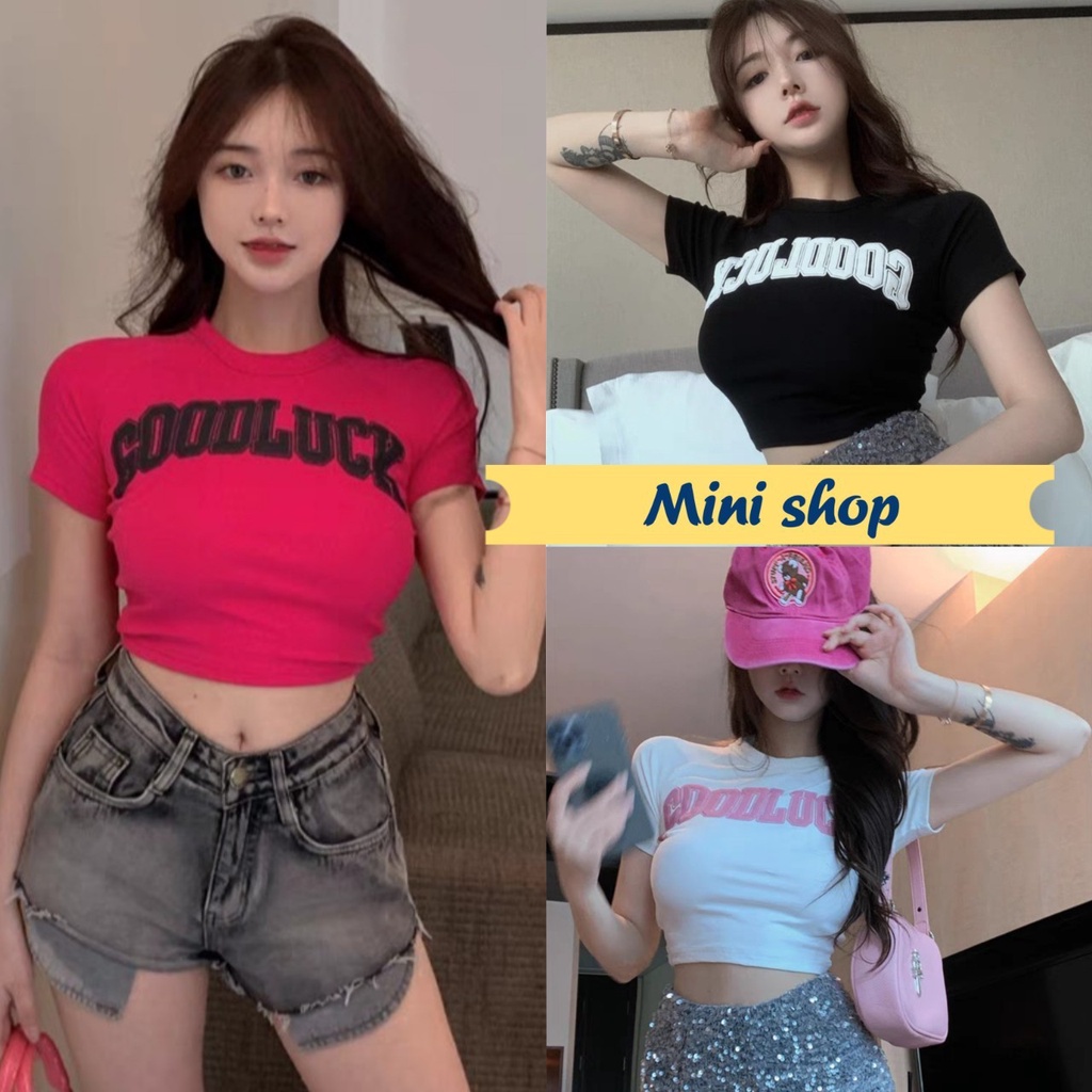 Mini shop🌸พร้อมส่ง🌸 (3A148) เสื้อครอปแขนสั้น ไหมพรม คอกลม สกีนลายตัว ...