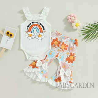 Babygarden-0-18 เดือน ชุดรอมเปอร์ แขนกุด พิมพ์ลายสายรุ้ง สีขาว + กางเกงขาสั้น ลายดอกไม้ PP / กางเกงขาบาน สําหรับเด็กผู้หญิง