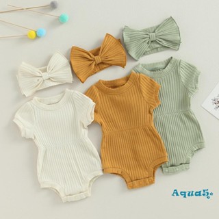 Aqq- ชุดรอมเปอร์ แขนสั้น สีพื้น พร้อมที่คาดผม ประดับโบว์ แฟชั่นฤดูร้อน สําหรับเด็กผู้หญิง 2 ชิ้น