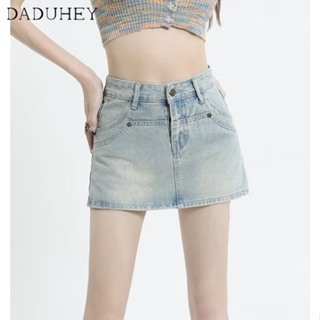 DaDuHey🎈 New Korean Style Ins Retro Washed Denim Skirt Niche High Waist A- line Skirt Bag Hip Skirt