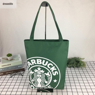 Starbucks กระเป๋าช้อปปิ้ง ผ้าแคนวาส กันน้ํา ลายการ์ตูน เรียบง่าย สําหรับใส่กล่องอาหารกลางวัน