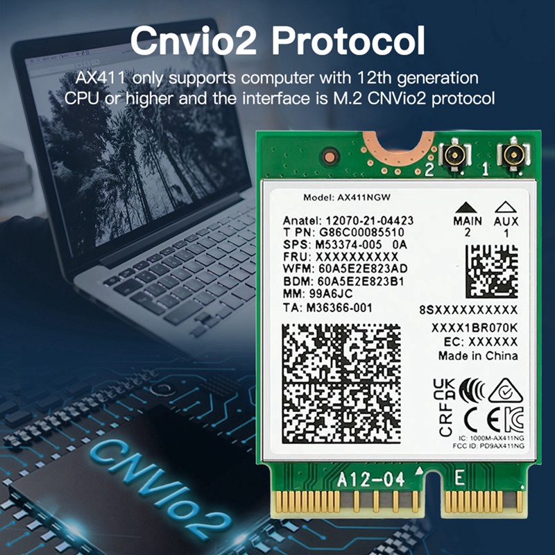 การ์ด WiFi Intel AX411 พร้อมเสาอากาศ WiFi 2X8DB 6E CNVio2 BT 5.3 Tri ...