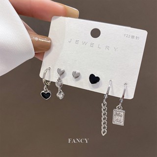 Fancy ต่างหูห่วงโซ่โลหะ รูปหัวใจ เรขาคณิต เชอร์รี่ ไม่สม่ําเสมอ สีเงิน เครื่องประดับ สําหรับผู้หญิง 6 ชิ้น ต่อชุด
