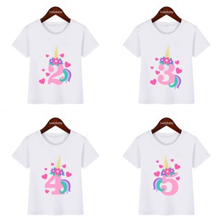 เสื้อยืดแขนสั้น พิมพ์ลายยูนิคอร์นน่ารัก ประดับโบว์ แฟชั่นฤดูร้อน สําหรับเด็กผู้หญิง และผู้ชาย 2 3 4 5 6 7 8 9 ปี