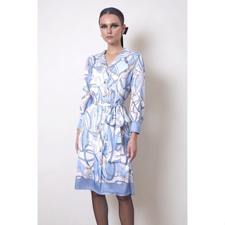 ESPADA เดรสเชิ้ตลายนอติคัลแต่งเข็มขัดผ้า ผู้หญิง สีฟ้า | Nautical Print Dress Shirt with Sash | 4692