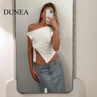 Dunea เสื้อท็อป แขนกุด เปิดไหล่ สีพื้น แฟชั่นสําหรับผู้หญิง