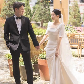 ชุดเดรสแขนสั้น ผ้าซาติน สีขาว แบบเรียบง่าย สไตล์เกาหลี สําหรับเจ้าสาว ใส่ไปงานแต่งงาน