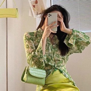 เสื้อเชิ้ตลําลอง แบบบาง ทรงหลวม ลายดอกไม้ สีเขียว แฟชั่นฤดูร้อน สไตล์เกาหลี สําหรับสตรี