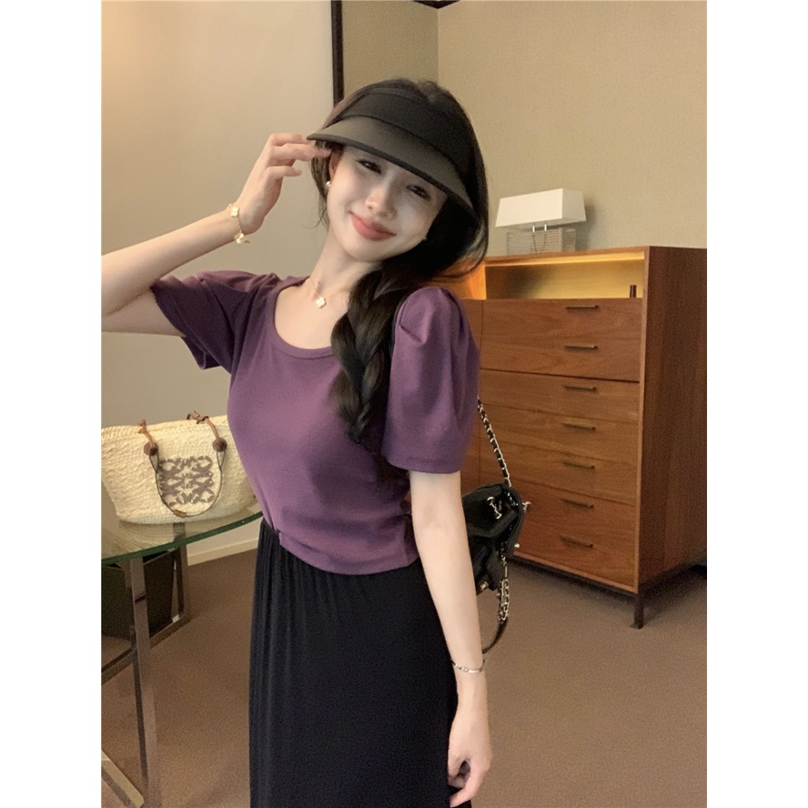 เสื้อยืดแขนสั้น-แขนพัฟ-เข้ากับทุกการแต่งกาย-แฟชั่นฤดูใบไม้ร่วง-สไตล์เกาหลี-คลาสสิก-สําหรับผู้หญิง