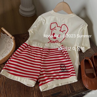 Korean style childrens clothing 2023 girls sports suit summer childrens western style cute bear T-shirt shorts two-piece suit trendy 6LV8