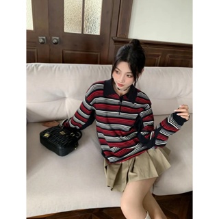 I6MS MIU MIU 2023 spring and summer new contrast color striped letter design fashion all-match loose polo collar long sleeve T-shirt for women