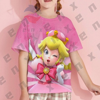 เสื้อยืดแขนสั้น พิมพ์ลาย Super Princess Peach Mario แฟชั่นสําหรับเด็กผู้หญิง อายุ 3-13 ปี A893