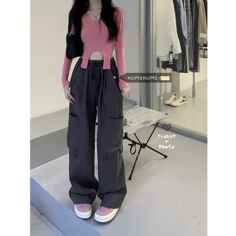 กางเกงทำงานผู้หญิงออกแบบหลวมความรู้สึกเฉพาะกลุ่มสบาย-ๆ-ขากว้างสีเทากางเกงเทรนด์