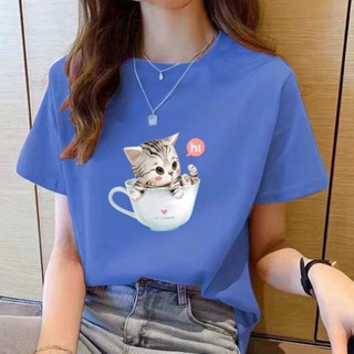 เสื้อยืดคอกลม แขนสั้น พิมพ์ลายดอกกุหลาบ ทรงหลวม สไตล์เกาหลี แฟชั่นสําหรับผู้หญิง