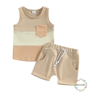 Babyclothes- เสื้อกล้ามแขนกุด สีตัดกัน พร้อมกระเป๋า และกางเกงขาสั้น แฟชั่นฤดูร้อน สําหรับเด็กผู้ชาย 2 ชิ้น