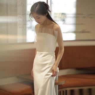 ชุดแต่งงาน ผ้าซาติน สีขาว เรียบง่าย สไตล์ฝรั่งเศส สําหรับเจ้าสาว QH135