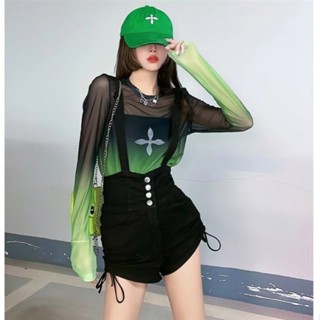 เสื้อยืดแขนยาว ผ้าโปร่ง แบบบาง ป้องกันแดด แต่งไล่โทนสี แฟชั่นฤดูร้อน สําหรับผู้หญิง 2023