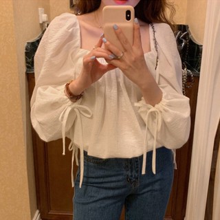 เสื้อยืด คอสี่เหลี่ยม แขนรูด สีขาว สไตล์เกาหลี เรโทร สําหรับผู้หญิง