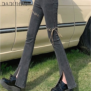 DaDuHey🎈 Womens Stretch 2023 Summer New High Waist Slim Lace up Design Sense Pants Fashion Casual Mop Front Slit Jeans