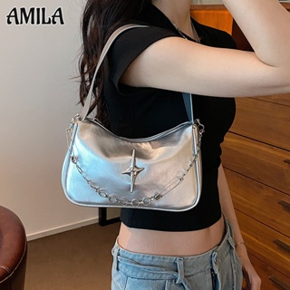 AMILA กระเป๋าใต้วงแขนแฟชั่นสไตล์สาวฮอต Ins กระเป๋าสายโซ่เกาหลี การออกแบบเฉพาะของ Star rivets พื้นผิวขั้นสูง เข้าได้กับทุกชุดและไม่เป็นทางการ